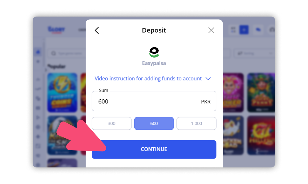 Proceed with payment to top up your balance at Glory Casino