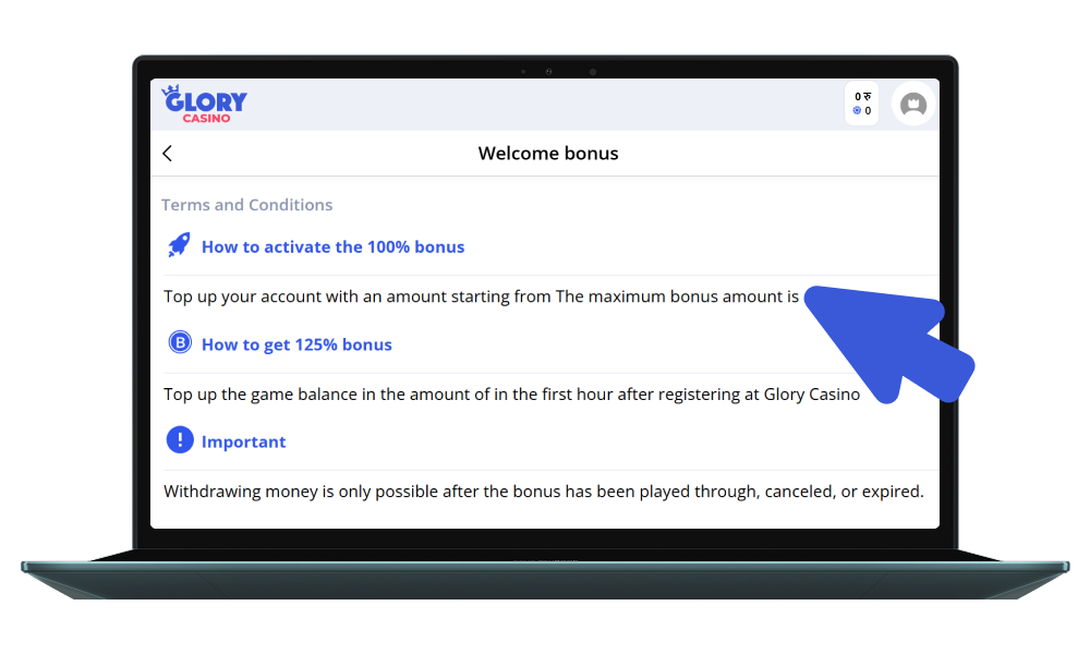 Activate the chosen Glory Casino bonus