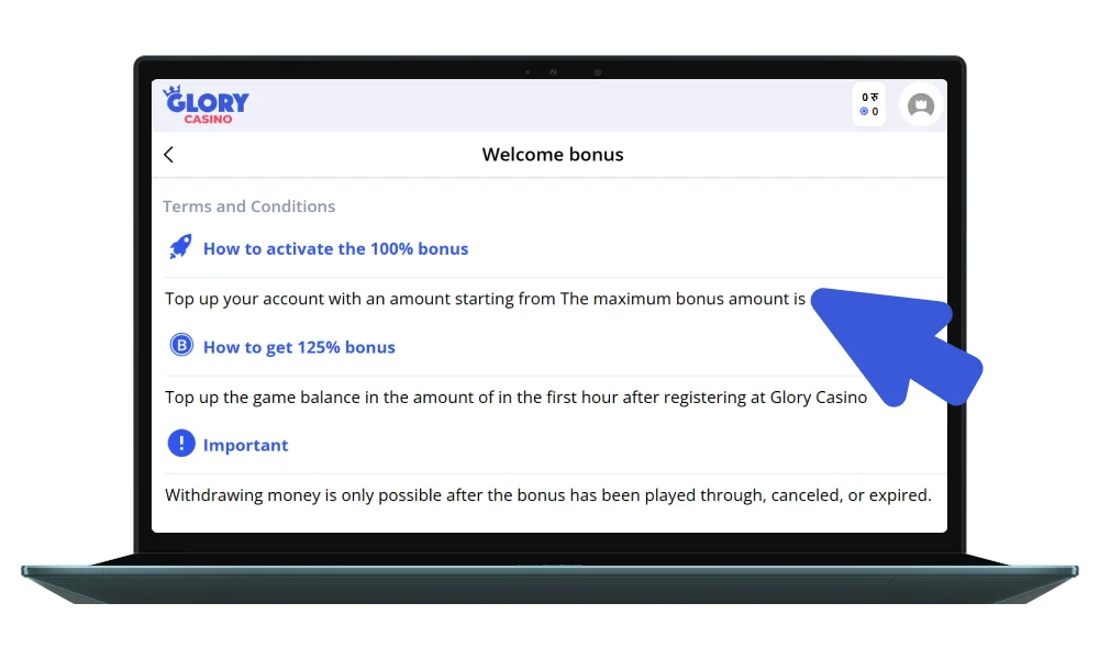 Activate the chosen Glory Casino bonus