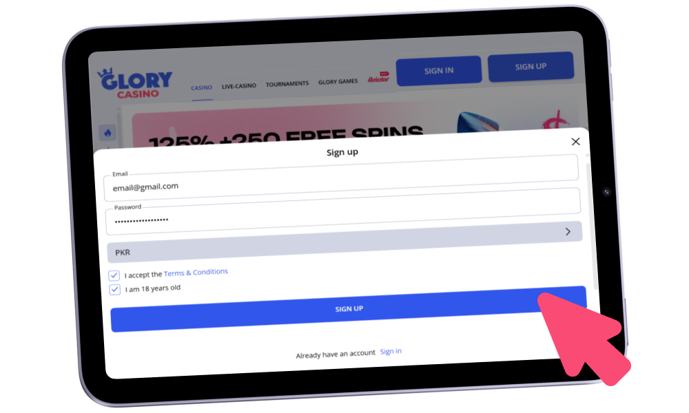 Submit & Confirm your consent to create an account at Glory Casino