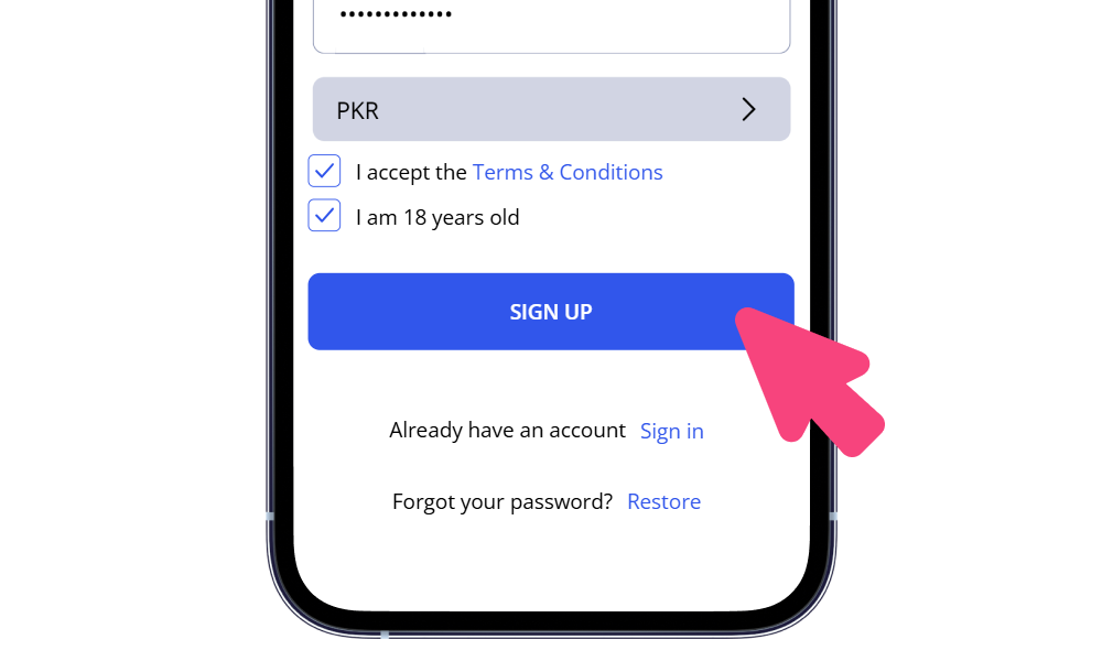 Completing registration in the Glory Casino app in Pakistan